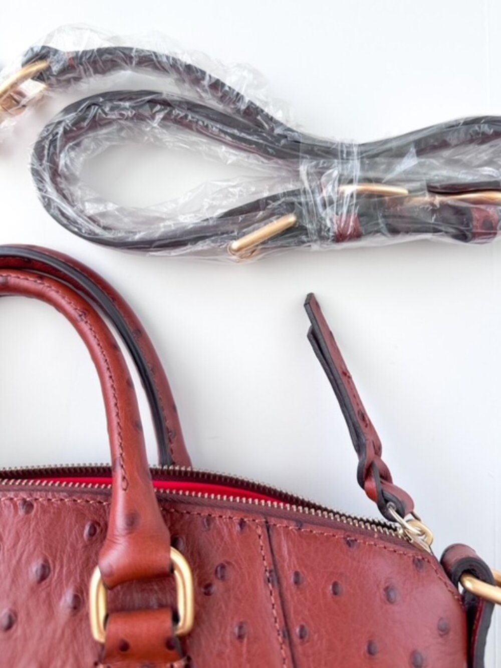 Dooney & Bourke Ostrich Embossed Leather Domed Satchel | Cognac | New with Tags - Picture 8 of 15